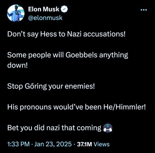 Elon Musk tweet with Nazi leader puns